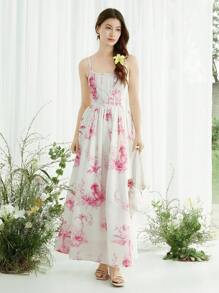 SHEIN LUNE 女士休闲花卉印花褶皱无袖连衣裙，适合通勤 - 粉色 - 查看 4
