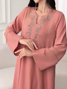 Al Najma Women's V Neck Pullover Gold Embroidered Turkish & Arabic Style Abaya, Modest Kaftan - Pink - View 1