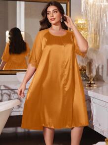 MuseNap CURVE Plus Size Short Sleeve Nightgown With Satin, Mesh And Lace Patchwork - Burnt Orange - View 5