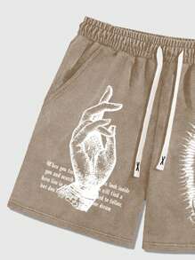 ROMWE MEN Men's Drawstring Waist Washed Vintage Slogan & Hand Gesture Print Shorts - Khaki - View 3