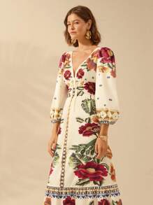 CAJUNI Vestido de Férias Feminino Boêmio com Estampa Floral, Gola em V, Manga Longa, Costas Vazadas, Cintura A-line