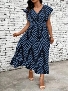 SHEIN VCAY Plus Size Women Elegant V-Neck Ruffle Sleeve Striped Dress - Multicolor - View 4