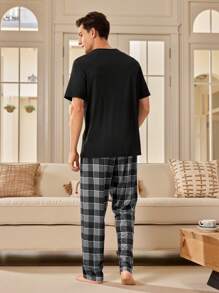2PCS Men's Solid Color Short Sleeve Top And Plaid Pants Pajama Set For Sleepwear Loungewear - Black - View 2