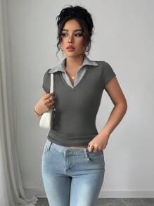 Selianne 女士优雅商务休闲 V 领罗纹衬衫，拼接二合一，蓝色，罗纹面料，高弹性，修身款，短袖 T 恤，适合通勤、办公室、度假和家居穿着，春夏季