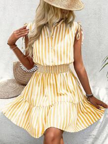 Breezaya 女式蓝白条纹棉质荷叶边肩部蝴蝶结腰部连衣裙，夏季