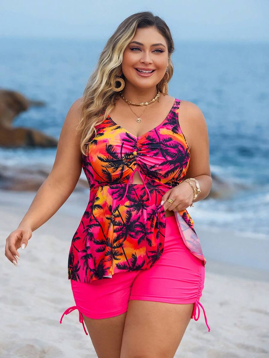 Swim Lushoire Plus Size Women Summer Tie-Dye Coconut Tree Print Drawstring Crop Top And Solid Color Drawstring Shorts Vacation Style Two Pieces Swimsuit - Multicolor - View 1