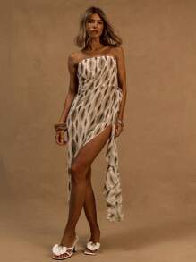 MUSERA Printed Bandeau Side Slit Knot And Drape Tie Detail Mini Dress Ibiza Outfit, For Holiday, Spring, Summer, Vacation, Beach White Isle - Multicolor - View 1