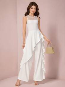 SHEIN Pitira Teen Girl White Solid Color Stitching Lace Backless See-Through Elegant Sweet Ruffle Jumpsuit, Elegant Luster, Suitable For Summer, Parties, Birthday Parties, Career Parties And Bridesmaid Parties