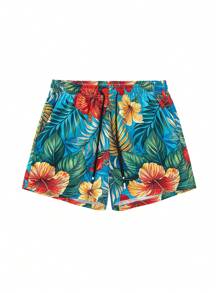 Manfinity Swimmode Men's Tropical Plant Print Drawstring Waist Pocket Beach Shorts Men Swim Trunks, Hawaiian - Multicolor - View 3