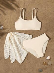 Teen Girls Beige 3 PiecesBikini Sets, Lace Fabric Triangle Skirt, Suitable For Vacation, Summer - Beige - View 4