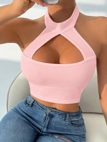 Zolique Top corto con cuello halter sin respaldo y calado para mujer, color blanco