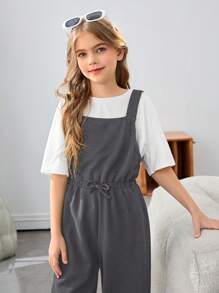 SHEIN Tween Girls Casual Knitted Solid Color Overall Jumpsuit