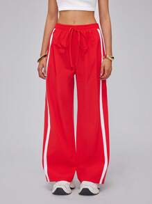 Roylia Pantaloni estivi da donna casual a gamba dritta rossi e bianchi a righe, in vita elastica con fiocco decorativo