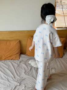 DAZY 小女孩蝴蝶结印花短袖纽扣上衣和裤子套装、睡衣、女孩夏季服装 - 米色 - 查看 5