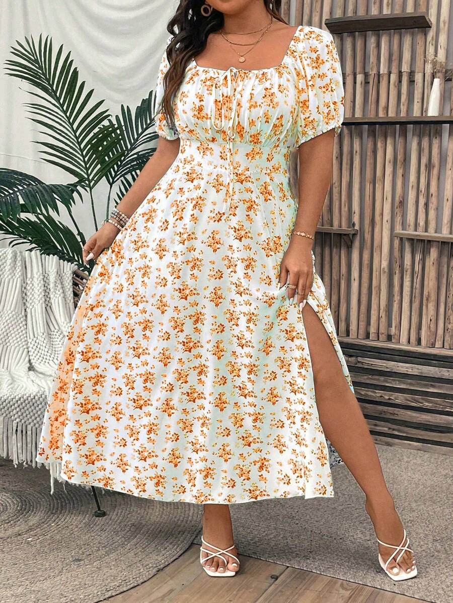 Flirla 大码女式夏季假日花卉印花前系带短款泡泡袖连衣裙，侧开衩下摆，优雅长款女装 - 黃色 - 查看 1