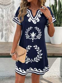 EMERY ROSE Women's Notched-Neck Allover Print Casual Short Sleeve Mini Dress, Summer Summer Dresses For Women,Shirt Dresses For Women