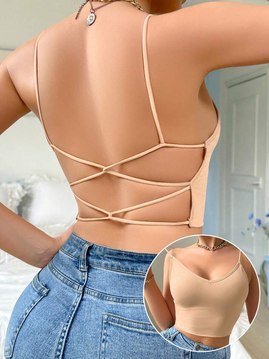 1pc Women's Seamless Camisole Tank Top With Removable Pads, Suitable For All Seasons - Apricot - View 1