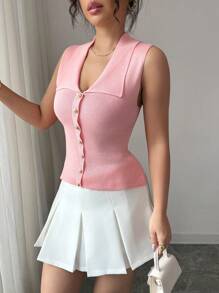 Chiquease French Button Accent Sleeveless Fitted Knit Top - Pink - View 5