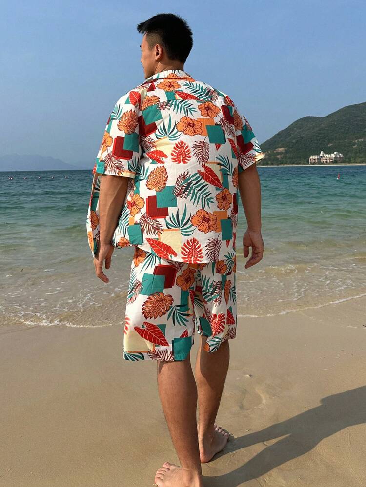 Summer Floral All-Over Print Beach Shirt And Shorts 2-Piece Set For Men