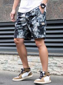 Manfinity EMRG Pantalones cortos cargo casuales de hombre con bolsillos múltiples y teñido anudado, de pana