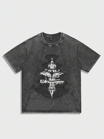 Goth Camiseta casual de manga corta con cuello redondo y estampado barroco para hombre
