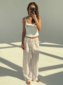 Aloruh New Summer Comfortable Low Waist Cute Floral & Striped Print Home Pants, Lightweight - Baby Blue - View 4