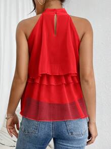 SHEIN Privé Halter Neck Loose Ruffled Asymmetrical Chiffon Blouse - Red - View 2