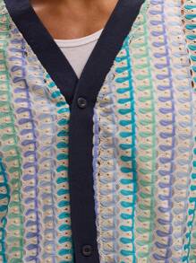 Musero Striped Lightweight Crochet Knit Button Through Cardigan Spring Summer Streetstyle Holiday Vacation Beach - Multicolor - View 6