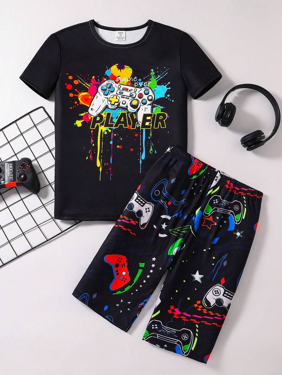 SHEIN Tween 男孩夏季夜光游戏控制器印花短袖上衣和短裤 2 件套紧身睡衣套装 - 黑色 - 查看 1