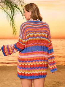 SHEIN Swim Curve 大码女式彩色条纹针织圆领复古风格系带长袖休闲和服，春季