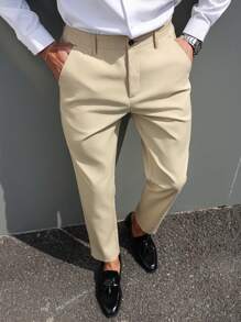 Manfinity Bizformal Men's Solid Color Suit Pants,Fashionable Khaki Summer Casual Business Office Clothes,Men's Dress Pants,Slim Fit Formal Suits Pants For Men - Apricot - View 1