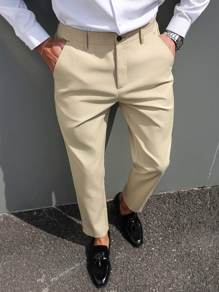 Manfinity Bizformal Men's Solid Color Suit Pants,Fashionable Khaki Summer Casual Business Office Clothes,Men's Dress Pants,Slim Fit Formal Suits Pants For Men - Apricot - View 1