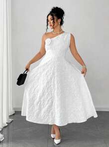 Elenzga Plus Size Solid Color Flower Applique Asymmetric Collar Sleeveless Dress - White - View 4