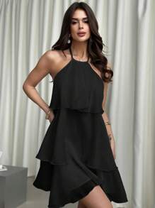 Firerie 优雅浪漫露背多层下摆白色欧根纱吊带泡泡袖连衣裙，适合情人节约会 - 黑色 - 查看 7