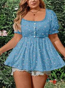 Flirla 大码圆领蕾丝边短袖印花T恤女款图案T恤上衣 - 藍色 - 查看 5