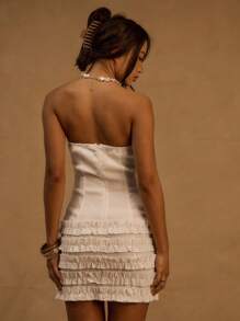 MUSERA Fitted Bodycon Bandeau Frilled Dress Ibiza Outfit, Holiday, Spring, Summer, Vacation, Beach Concert - White - View 3