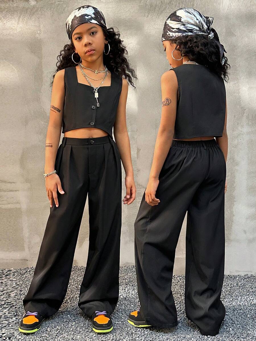 Coolane Kids 青少年女孩春夏街头服饰黑色高腰无袖短款上衣套装两件套服装青少年女孩无袖纽扣编织上衣，搭配宽松直筒裤，2 件套 - 黑色 - 查看 1