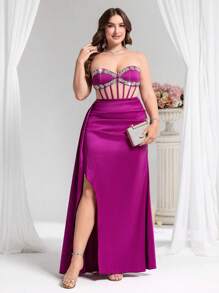 Coutiva Plus Size Sexy Elegant Rhinestone Decor Slit Front Strapless Party Dress,Woman Dress Western Dresses For Women Woman Easter Dress Prom Dresses For Woman Women Formal Gowns Woman Formal Plus