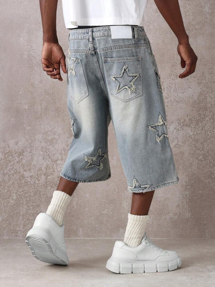 Szorty jeansowe męskie z szerokimi nogawkami i aplikacją Star Applique o luźnym kroju