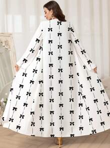 Al Najma 女士端庄蝴蝶结印花优雅长袖阿拉伯长袍 - 白色 - 查看 1