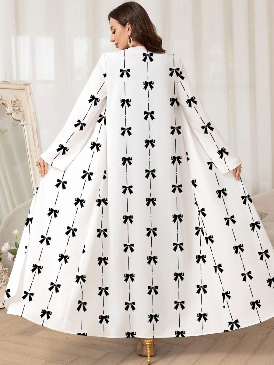 Al Najma 女士端庄蝴蝶结印花优雅长袖阿拉伯长袍 - 白色 - 查看 1