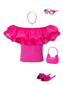 Young Girl' Elegant Solid Rose Red Textured Fabric Asymmetrical Ruffle Collar T-Shirt, Parent-Child Set, Spring/Summer - Hot Pink - View 2