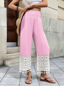Chiquease Winter Casual Vacation Hollow Out Waist Wide Leg Pants - Pink - View 4