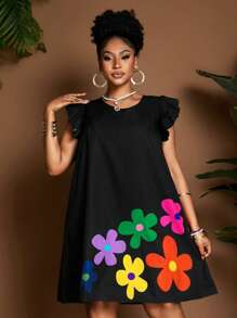 SHEIN PETITE CURVE Plus Size Short Women Mini Dress With Cap Sleeve, Casual Beach Vacation Styles For Petites - Black - View 1