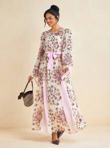 Claire Tale Robe longue grande taille imprimée à motif floral rococo printemps été en mousseline transparente, manches bouffantes, ceinturée, à ligne A, pour vacances - Multicolore - Voir 3