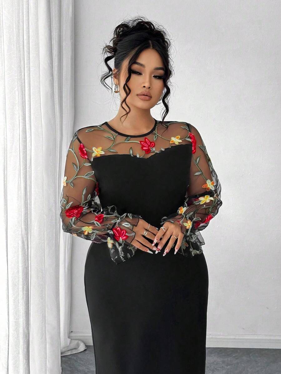 Elenzga Plus Size Elegant Black Dress With Floral Embroidered Tulle Sleeves And Round Neckline - Black - View 1