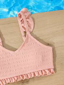 Tween Girl Solid Color Ruffled Swimwear Set With Cover-Up Skirt, For Vacation - Multicolor - View 3