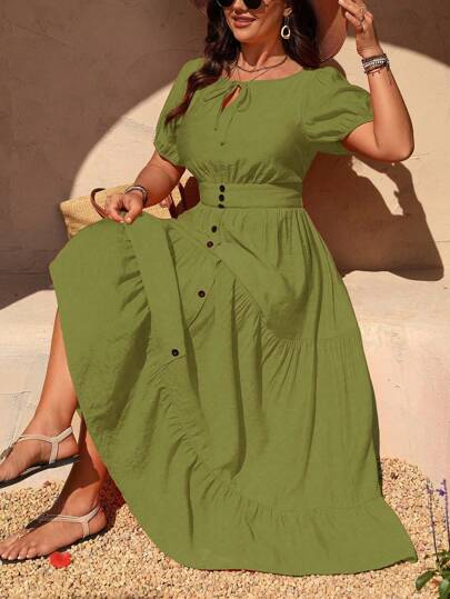 SHEIN LUNE Plus Size Elegant Solid Color Ruffle Hem Puff Sleeve Dress, Summer