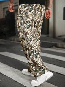 Manfinity LEGND Pantalones cargo informales con estampado de plantas para hombres de talla grande