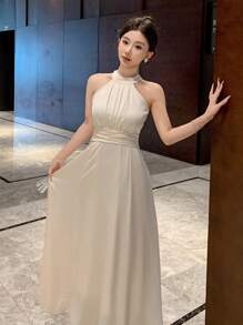 DAZY Solid Color Halter Tie Neck Midi Dress For Women Wedding Women Dresses Prom Dress